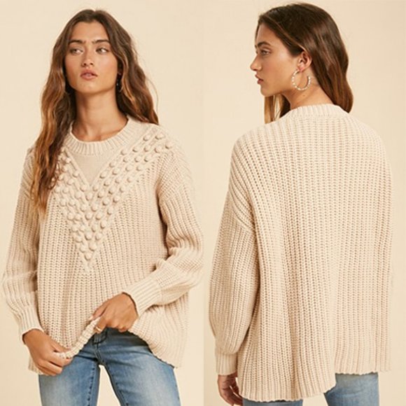 NEW Cotton Blend Chevron Pom Pom Knit SOFT Sweater - Picture 9 of 10